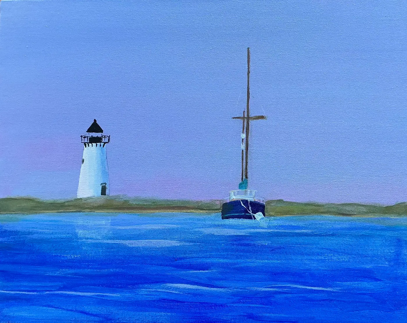 sailboat on blue water with blue skies and white and black lighthouse in background