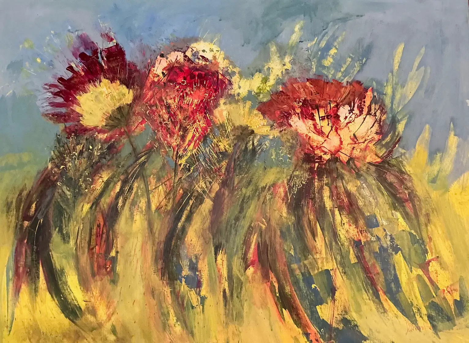 red and yellow abstract flowers with yellowish details