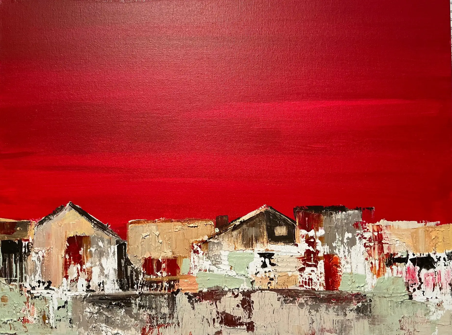 abstract painting with red background and white and brown shapes at the bottom of the canvas